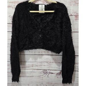 Cropped Whimsigoth Y2K Fuzzy Sweater‎ Button Up Long Sleeve Grunge